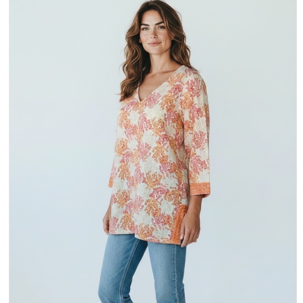 J. Jill Tunic‎ Women Small Petite Orange Coral Print Linen Cotton Boho EUC